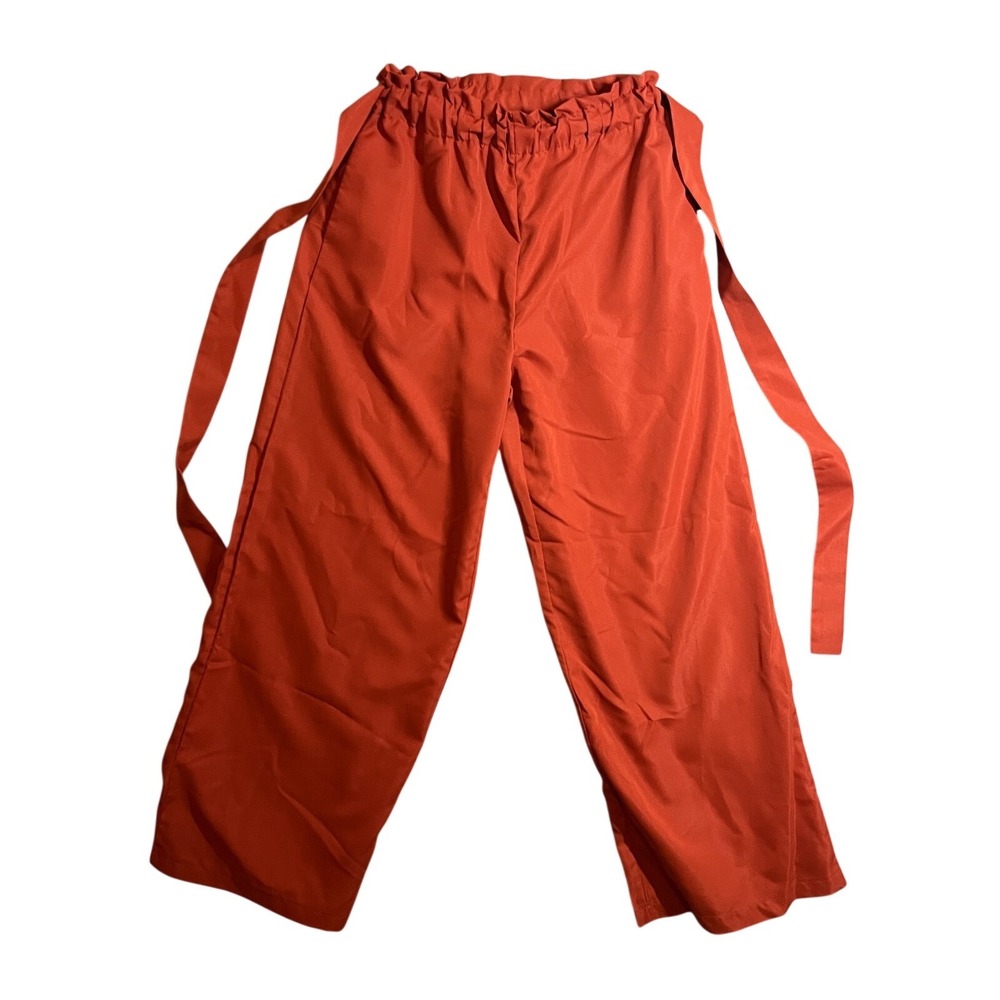 Women's Burnt Orange Paperbag Waist Wide Leg Pants with Tie Belt Size L